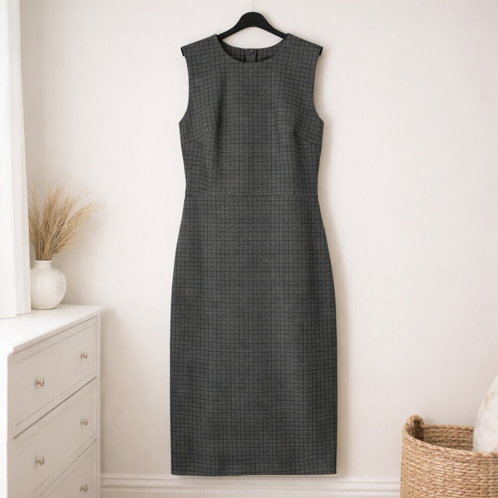 Margaret M Electra Gray Black Plaid Sleeveless Fitted Midi Dress Size Large